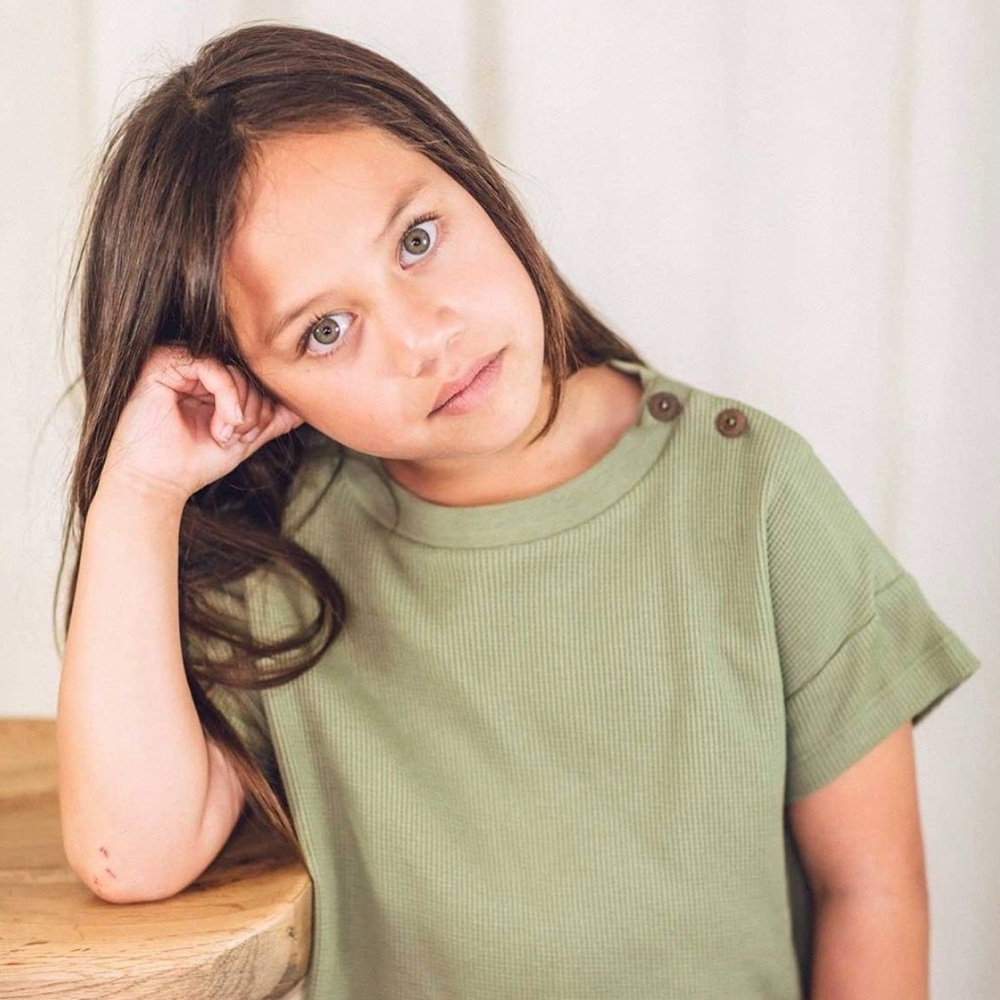 NUI Organics Kids Short Sleeve Waffle Tee with Shoulder Buttons Olive Green 4T